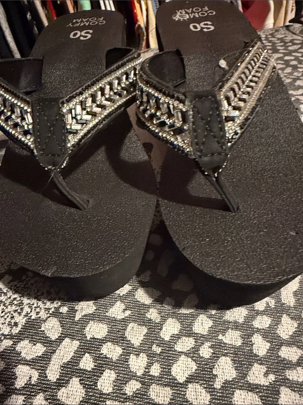 SO Black Platform Wedge Flip-Flops with Silver Beaded Straps